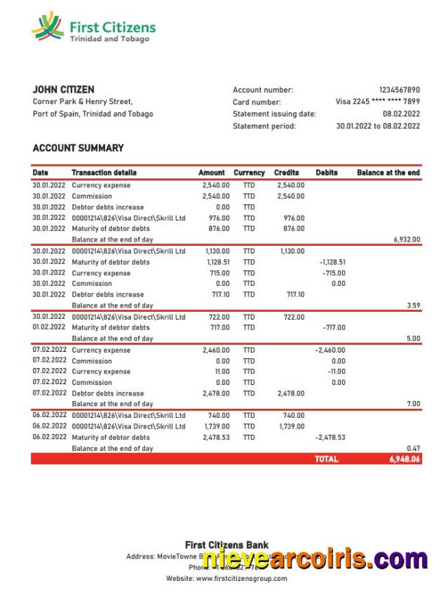Trinidad and Tobago First Citizens bank statement xls